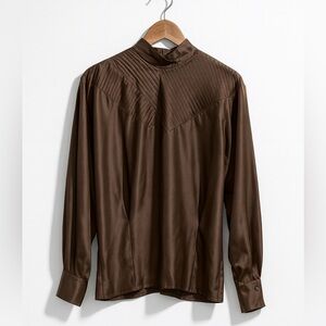 Joanie Char | 100% Silk Brown Button-Back Pleated Yoke Mock Neck Blouse Top 8